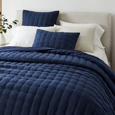 a bed with blue comforter and pillows in a white room next to a potted plant