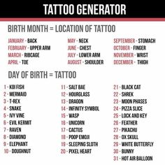 a list of tattoos with the words birth month in red and black on white background