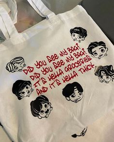 "Did ya see my bag? Did ya see my bag? It's hella groceries and it's hella thick!  A cute little tote bag when you're out doing errands! About 13\" wide and 13\" tall! Choose between matte or glitter heads! Each tote bag is handmade by me! I try my best to send the best quality bags." Tote Bag Outfit Ideas, Kpop Tote Bag, Anime Tote Bag, Army Accessories, Bts Jungkook Birthday, Diy Crafts Bookmarks, Bts Bulletproof, Cool Journals, Bts Merch