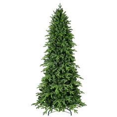 a tall green christmas tree on a white background