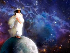 a woman in white dress standing on top of a large ball with stars behind her