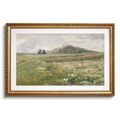 a painting on the wall of a field with flowers