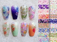 Flower patterned nail transfer foil films Price for 9pcs 4x20cm each. How to use: 1. apply the base gel, then cured by lamp 2. apply the nail transfer gel, then cure for about 30 seconds. 3. press the nail foil on the nails smoothly, then transfer the patterns. 4. finish with the top coat. Note: you MUST use transfer foil glue gel for this item. *****FAST SHIPMENT FOR ALL ORDERS***** ♥Free domestic US shipping ♥ We aim to ship all orders in 1-2 business days via USPS stamped letter with no track Nail Transfer Foil, Peony Diy, Flower Pattern Nails, Nail Water Decals, Foil Nail Art, Nail Foil, Transfer Foil, Nail Art Stickers Decals, Nail Art Sticker