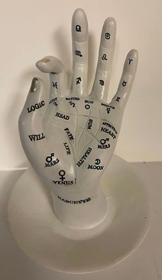 a hand made out of white plastic with writing on the palm and numbers written all over it