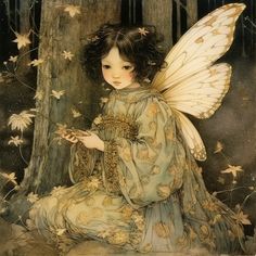 a painting of a fairy sitting on the ground next to a tree with butterflies around her