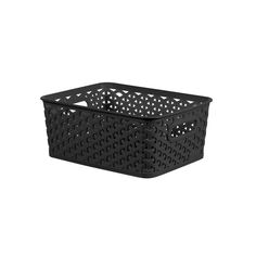 a black plastic basket on a white background