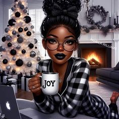 a digital painting of a woman holding a coffee mug in front of a christmas tree