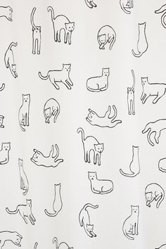 black and white drawing of cats on a white sheet with one cat in the middle