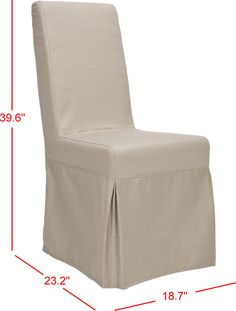 a chair with a skirted seat and measurements for the back end, side view