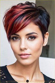 Asymmetrical Pixie Edgy, Pixie Hair Color, Women's Haircut, Haircuts To Try, Short Red Hair, Short Haircut Styles, Colourful Hair