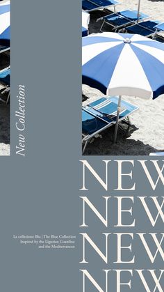 there are many beach chairs and umbrellas in the sand by the water with words new, new, new, new