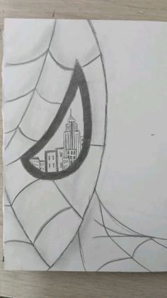 a pencil drawing of a spider web with buildings in the background and sky behind it