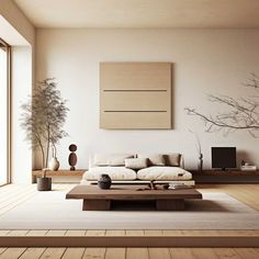 a living room with white furniture and wood flooring on the walls, along with large windows