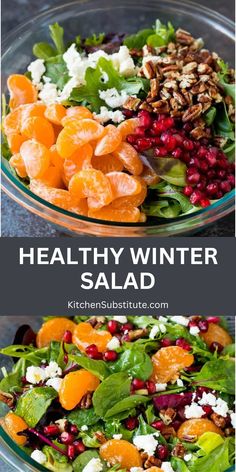 healthy winter salad with oranges, spinach and feta cheese in a glass bowl