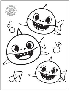 two cartoon shark faces with music notes on the bottom and an image of a fish in the middle