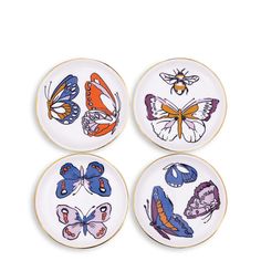 four plates with butterflies painted on them