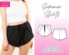 a woman wearing shorts with the words summer shorts written in front of her and an image of