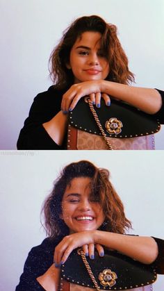 two pictures of a woman holding a purse with both hands on her shoulder and smiling