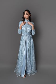 Floor-length Kaftan For Eid Reception, Fitted Evening Kaftan For Eid, Fitted Floor-length Kaftan For Evening, Fitted Floor-length Evening Kaftan, Elegant Kaftan For Reception, Elegant Blue Gown For Eid, Elegant Light Blue Gown For Reception, Blue Formal Gown For Eid, Elegant Fitted Blue Abaya