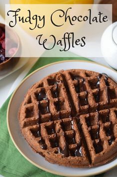 a waffle on a plate with chocolate sauce