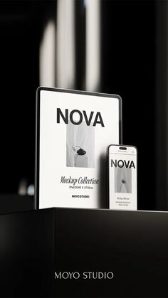 an advertisement for the moyo studio is shown in black and white, with a phone next to it