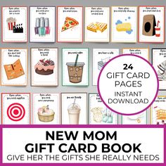 the new mom gift card book is open and has pictures of different items on it