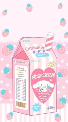 a carton of strawberry milk sitting on top of a pink and white striped background