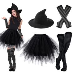 a woman wearing a black witch costume and hat with stockings, gloves, and socks