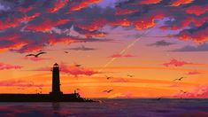 a painting of a lighthouse in the ocean with birds flying around it at sunset or sunrise