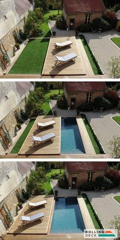 three pictures of an outdoor swimming pool in the middle of two different shots, one is empty