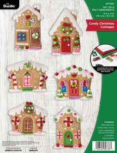 four gingerbread house shaped cookie cutters with candy canes and holly wreaths