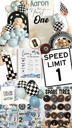 a table topped with lots of desserts and balloons next to a sign that says speed limit