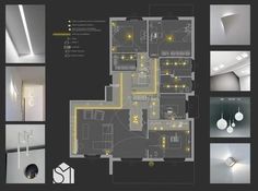 the floor plan for an apartment with lights and lighting fixtures on each side of the room