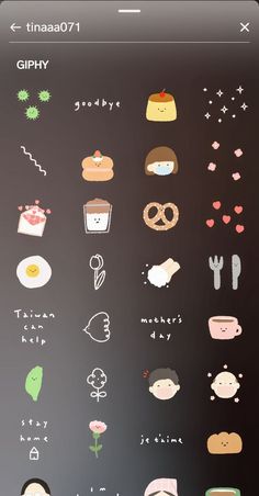 an iphone screen with various stickers on it, including food and other things in the background