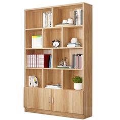 a wooden bookcase with many books and other items on it's shelfs