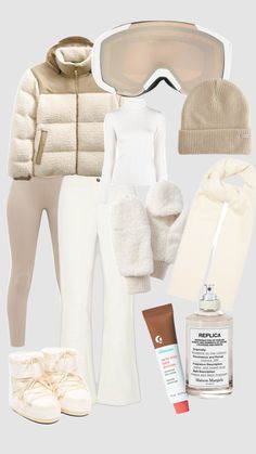 Tan Snowboarding Outfit, Winter Outfits Skiing, Ski Girl Aesthetic Outfits, Cute Ski Outfits Aesthetic, Ski Astetic Outfit, Cute Ski Clothes, Aesthetic Ski Outfit, Cream Ski Outfit