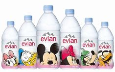 four bottles of evan water with cartoon characters on the front and back, all lined up in a row