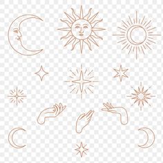 the sun, moon and stars are drawn on a transparent background