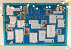 the lost words bulletin board is decorated with pictures and string lights on it's sides