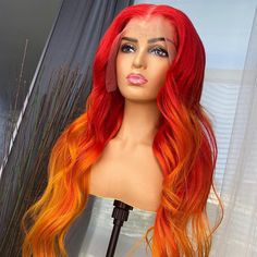 Human Hair Lace Front Wigs Fire Ombre Hair, Natural Waves Hair, Purple Wig, Green Wig, Orange Ombre, Red Wigs, Hair Red, Straight Lace Front Wigs, Peruvian Hair