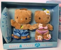 two brown teddy bears are in a blue box with flowers on their head and one is holding the other's hand