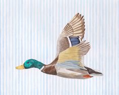 a painting of a duck flying in the sky