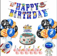 a birthday party with balloons, cake and decorations