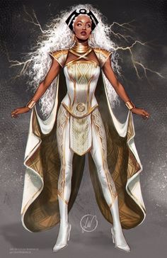 a woman dressed in white and gold standing with her hands on her hips while lightning strikes behind her