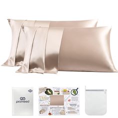 three pillow cases with satin sheets and pillows on the bottom, along with two zippered envelopes