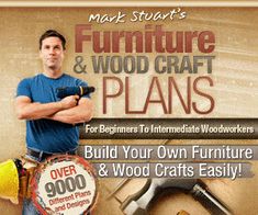 an advertisement for furniture and wood crafts with a man in blue shirt holding a hammer