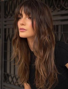 4. Wispy Bangs for Fine Hair. This effortless style pairs eye-grazing bangs with long hair running along the cheekbones and plenty of disconnections throughout the perimeter to land an airy look with tons of texture and movement. Long Fine Hair, Layered Haircuts With Bangs, Layered Hair With Bangs, Long Layered Haircuts, Haircuts For Fine Hair