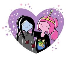 two cartoon characters standing next to each other in front of a heart shaped background with stars