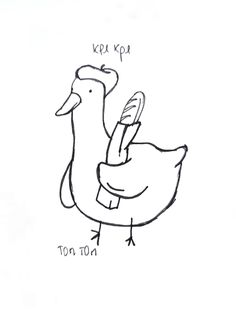 a black and white drawing of a duck with words written on it's back