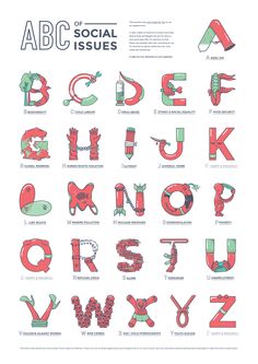 the alphabet is made up of red and green letters, all in different shapes and sizes